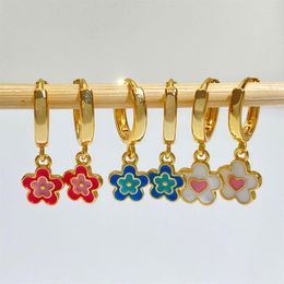 Hoepel oorbellen 2022 Leerkleur Sweet Emanel Bloem Hart Roze Blauw Wit Huggie For Girls Gold Poled Brass Dangle Earring