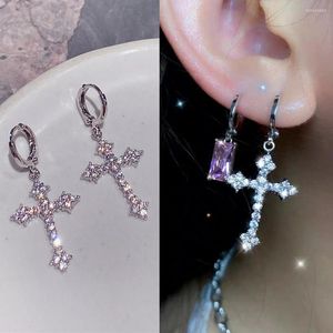 Hoop oorbellen 2023 Cool Pink Rhinestone Zirkon Cross For Women Korean Fashion Earring Dagelijkse verjaardagsfeestje sieraden geschenken