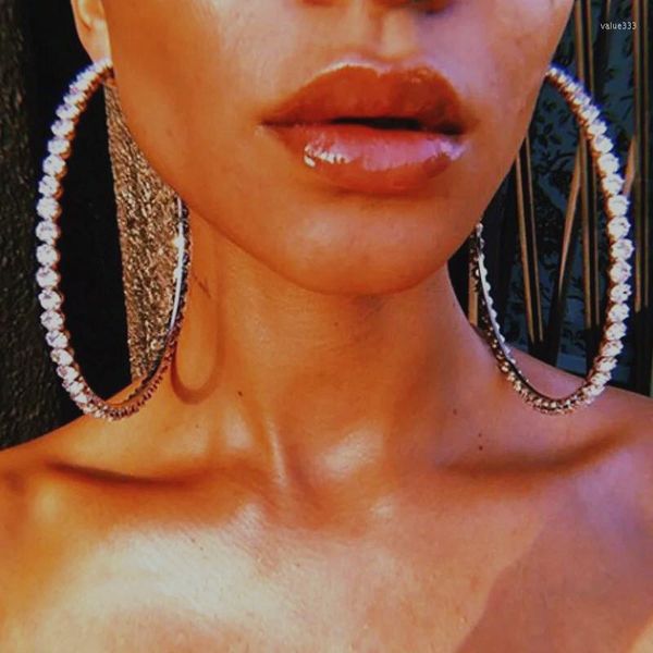 Boucles d'oreilles créoles en cristal scintillant exagéré pour femmes, grand rond de luxe, bijoux de grande fête, vente en gros, 2023