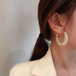 Hoop oorbellen 2023 Koreaanse trendy dubbele laag Rhinestone Pearl voor vrouwen Fashion Jewelry Party Circle Boucle Oreille Femme