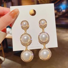 Boucles d'oreilles Hoop 2024 Luxury Grey Pearl Drop for Women Crystal Golden Round Wedding Jewelry Party Gift