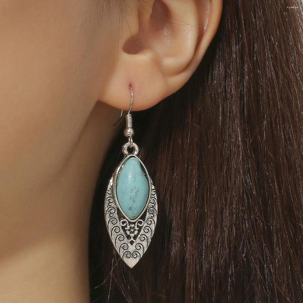 Pendientes de aro 2024 diseño Simple Color plata hueco estilo étnico bohemio Vintage turquesa para mujer joyería regalo de cumpleaños