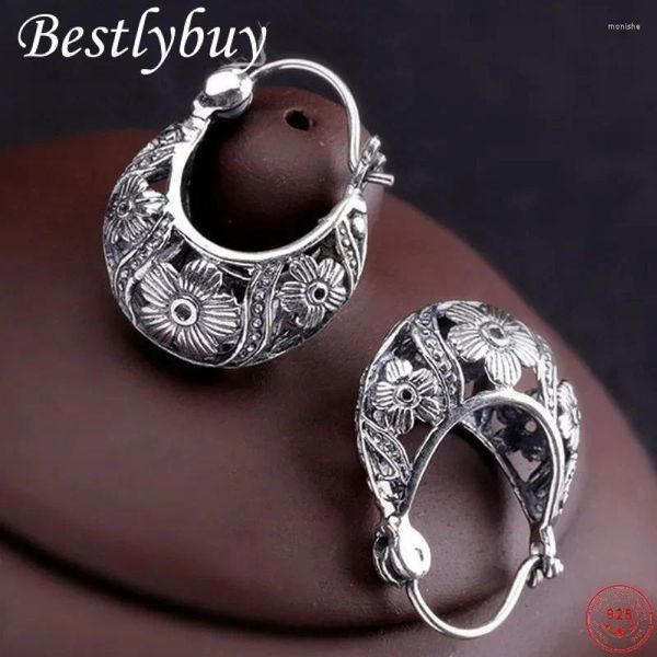 Pendientes de aro 2024 Trendy S925 Sterling Silver Hollow Flower Basking Patrón de orejas Pure Argentum Jewelry for Women