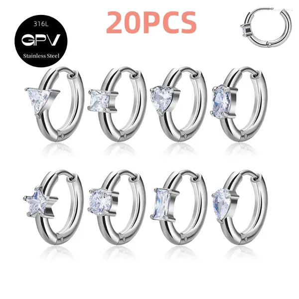 Boucles d'oreilles de cerceau 20pcs en gros de style en acier inoxydable 316L avec différentes formes de mode de zircon pour hommes et femmes