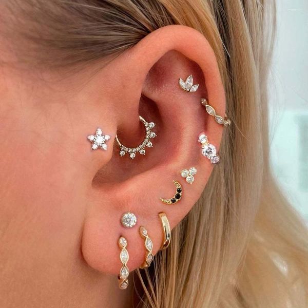 Boucles d'oreilles créoles en acier inoxydable pour femmes et hommes, 2 pièces, Zircon CZ Cartilage Daith Conch Tragus Rook Lobe, anneau d'oreille, bijoux de perçage