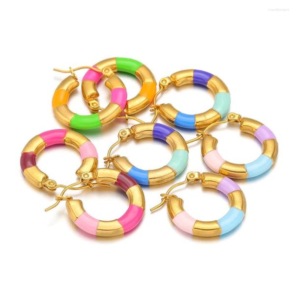 Pendientes de aro 2 uds. De alambre ovalado chapado en oro de acero inoxidable, aros esmaltados de tres colores para joyería, accesorios de moda, suministros al por mayor