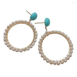 Hoop oorbellen 3-4 mm Gekweekt Wit Pearl Blue Turquoise 14KT geel goud