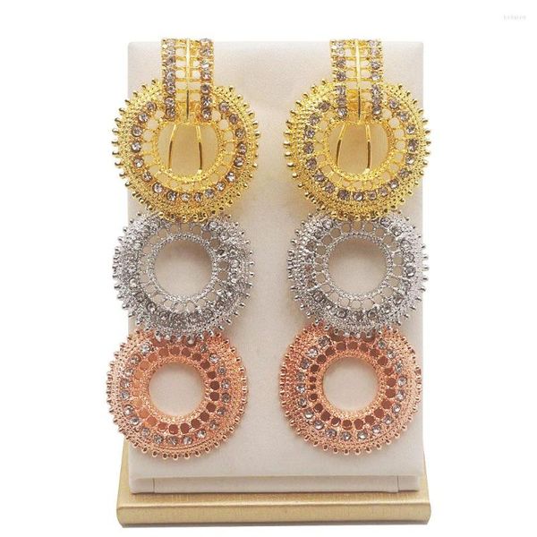 Pendientes de aro 3 círculos joyería de boda pendiente de gota de Color dorado con diamantes de imitación para