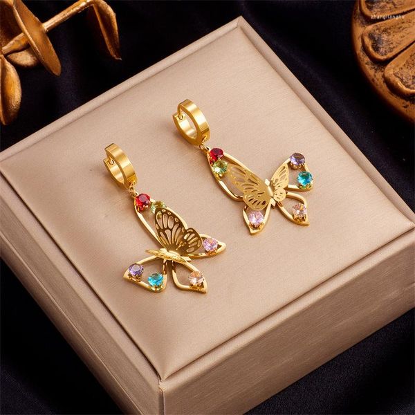 Boucles d'oreilles créoles en acier inoxydable 316L papillon découpé pour femmes Design de luxe filles coloré Zircon oreille bijoux cadeaux de fête