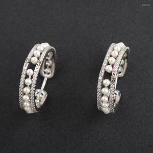 Boucles d'Oreilles Créoles 3mm Coquillage Blanc Perle Plaqué Or Zircon Pave Cercle