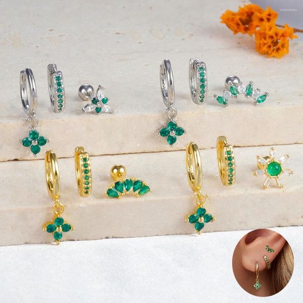 Boucles d'oreilles cerceaux 3pcs Fashion Green Zircon Flower Pendant Set pour les femmes en acier inoxydable Huggies Cartilage Piercing Jewelry Aretes