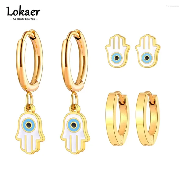 Pendientes de aro 3pcs/set de acero inoxidable Blue ojos turcos Joyas para mujeres esmalte étnico hamasa pintada a mano E23128