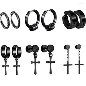 Boucles d'oreilles créoles 6 paires, mode Punk pour hommes en acier inoxydable, croix noire, goutte, Style classique Cool