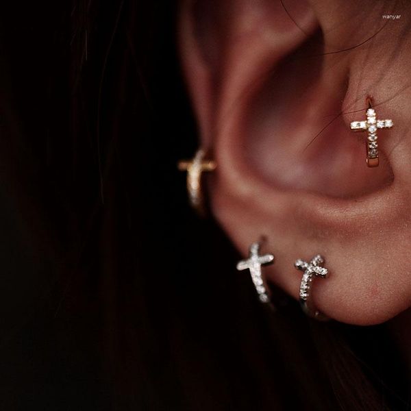 Boucles d'oreilles créoles 925 argent Mini croix pour femmes courbé petit cristal Zircon géométrique exquis bijoux fins INS