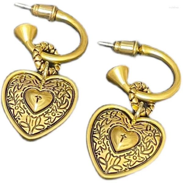 Boucles d'oreilles cerceaux 925 aiguille en argent Love Antique Bronze Metal European et American Vintage Xi Coeur de pêche personnalisé