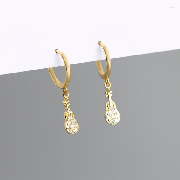 Boucles d'oreilles créoles en argent 925, cercle rond, couleur or, musique Rock, guitare, pendentif en zircone cubique, éblouissant, Brinco pour femmes Oorbellen