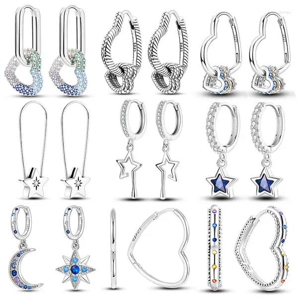 Pendientes de aro de plata 925 con forma de estrella y corazón, Pendientes originales con pavé brillante, Pendiente de mujer CZ