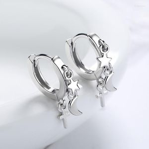 Boucles d'Oreilles Créoles Argent 925 Etoile Lune Croix Huggie Pour Femme Fille