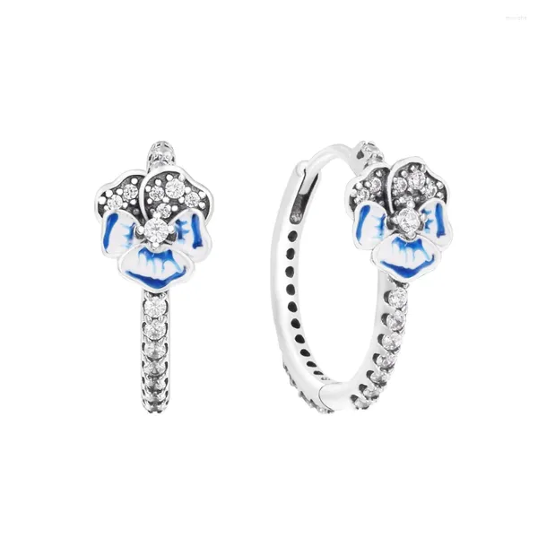 Boucles d'oreilles créoles en argent Sterling 925, fleur de pensée bleue pour femmes, bijoux clairs en CZ, vente en gros