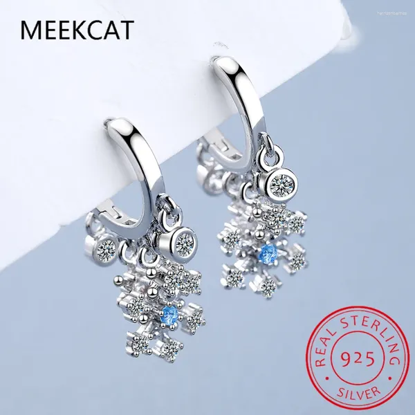 Pendientes de aro de plata de ley 925 con circonita azul, pendiente de copo de nieve, hebillas para las orejas para mujer, piedras preciosas de moissanita de lujo, joyería fina, regalo de boda