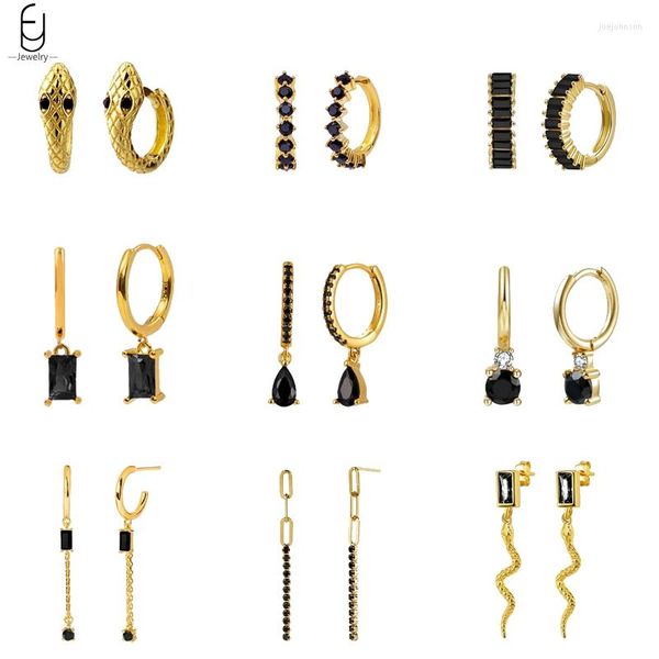 Pendientes de aro de plata de ley 925, hebillas de oreja, colgante de cristal negro a la moda, regalos de joyería para mujer de oro de alta calidad
