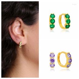 Hoepel Oorbellen 925 Sterling Zilveren Naald Drie Zirkoon Cirkels 13mm Voor Vrouwen Groen/Paars/Geel/wit Kristallen Sieraden