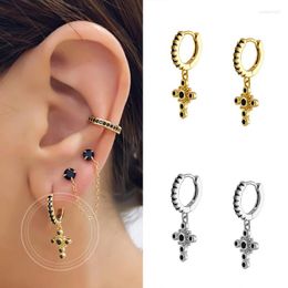 Boucles d'oreilles créoles 925 en argent Sterling aiguille croix pendentif pour femmes noir pavé cristal Huggie bijoux de mode coréens