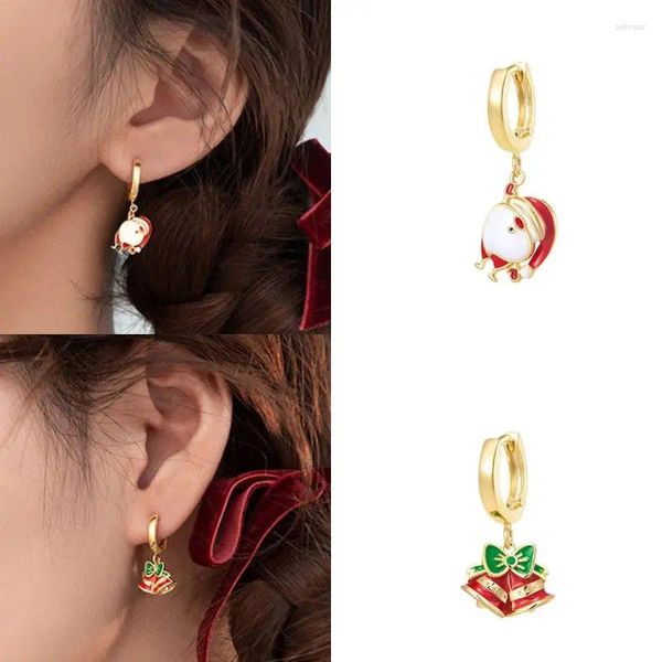 Pendientes de aro de Plata de Ley 925 con aguja de Papá Noel, colgante de campana para mujer, joyería exquisita de regalo de Navidad