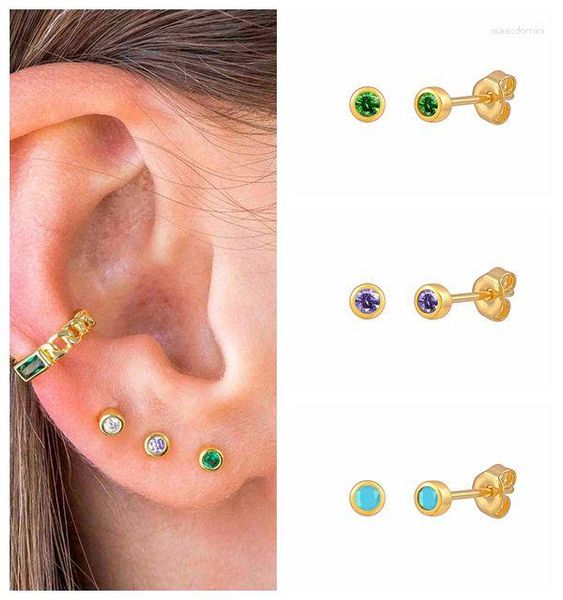 Boucles d'oreilles créoles 925 argent Sterling aiguille mignon Mini rond cristal goujon pour les femmes vert/violet/Turquoise personnalité bijoux