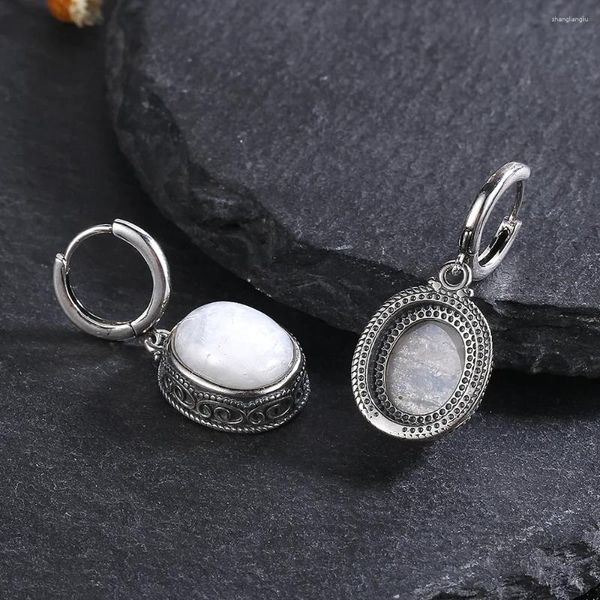 Pendientes de aro de Plata de Ley 925 con piedra lunar Natural ovalada para mujer, joyería Simple Vintage de labradorita turquesa, regalo de boda