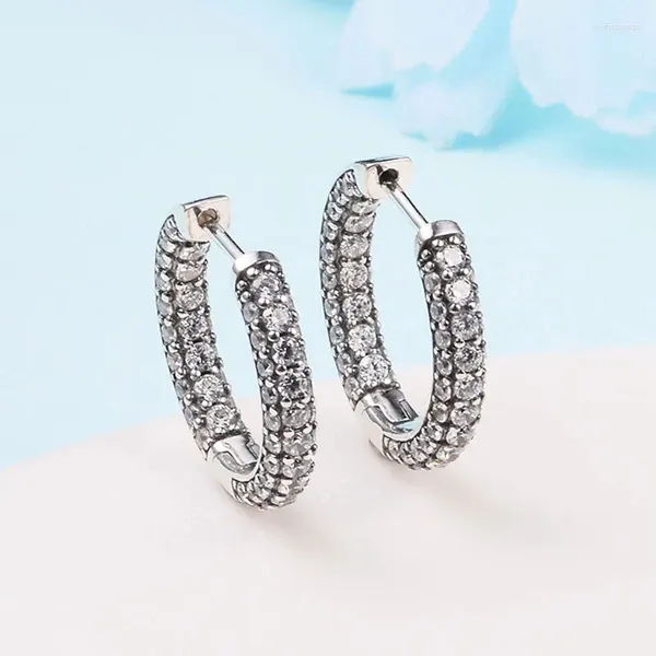 Boucles d'oreilles créoles en argent sterling 925, pavé intemporel, une rangée, convient à tous les bijoux européens pour femmes