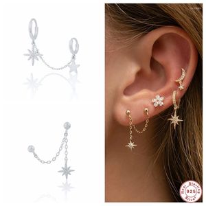 Boucles d'oreilles créoles en argent Sterling 925 pour femmes, deux cercles, pendentif étoile en Zircon, chaîne pompon, Double Huggie, bijoux de fête