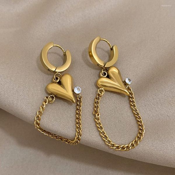 Boucles d'oreilles créoles AENSOA 316L acier inoxydable Zircon coeur pendentif longue chaîne gland pour femmes fille mode Anti-rouille oreille bijoux