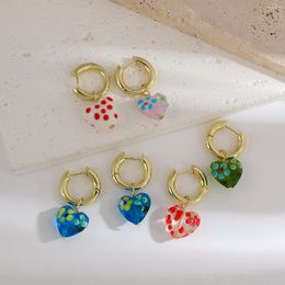 Hoop oorbellen Aensoa Hand geschilderd kleurrijke bloemenglazuur hartpendientes voor vrouwen gouden koperen legering huggie sieraden