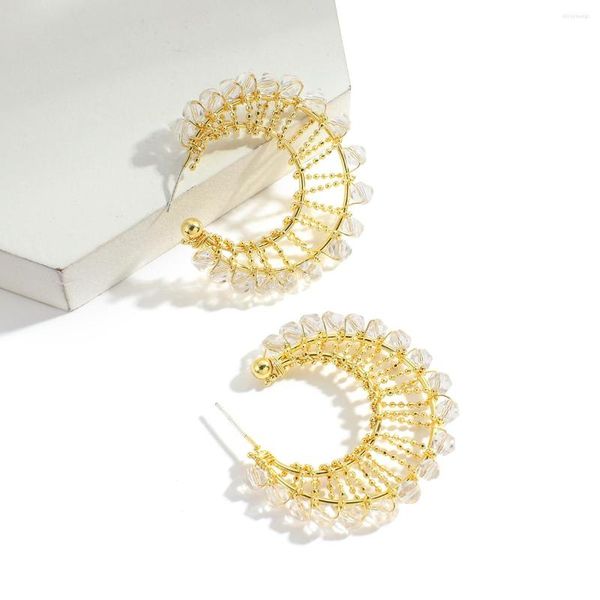Boucles d'oreilles créoles AENSOA pour femmes, perles de cristal transparentes en forme de C, bijoux circulaires en métal doré torsadés à la main