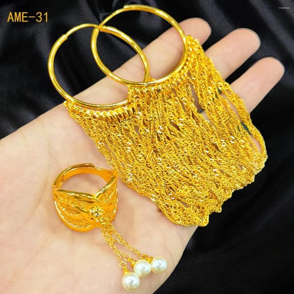 Pendientes de aro de lujo africano Big Round Tassel and Ring Jewelry Set para mujeres Regalos de fiesta chapados de oro de 24k al por mayor