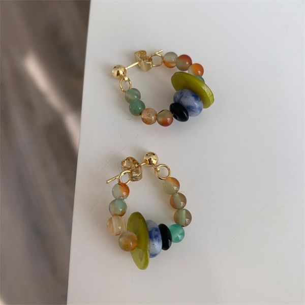 Boucles d'oreilles créoles en Agate colorée, perles, Style Mori, atmosphère, pierre de couleur dégradée chinoise, printemps et été 2023