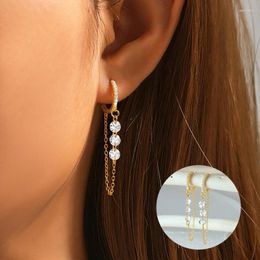 Boucles d'oreilles cerceaux Aide 925 STERLING Silver Three Zircon Drop Chain Gold Buckle Piercing For Women Casual Jewelry Party Gift