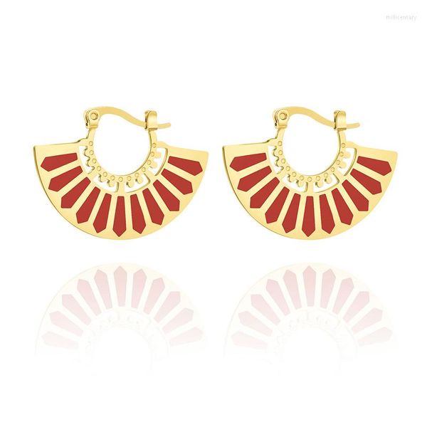 Pendientes de aro Aneebayh Estilo bohemio Hollow Out Fan Geométrico Esmalte rojo Moda para mujeres Encanto Joyería elegante