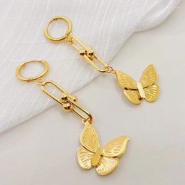 Boucles d'oreilles cerceau ANENJERY 316L en acier inoxydable longue chaîne papillon goutte pour les femmes mode Simple bijoux accessoire