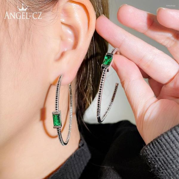 Boucles d'oreilles créoles ANGELCZ dames à la mode oreille ronde bijoux Micro zircon cubique noir pavé princesse pierre verte grande boucle d'oreille pendante E312