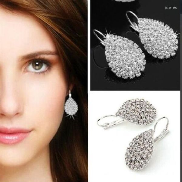 Pendientes de aro anís de lujo Rhinestone completo Grow Drop de agua de cristal Arete de color plateado para mujeres Boda Brinco Bijoux