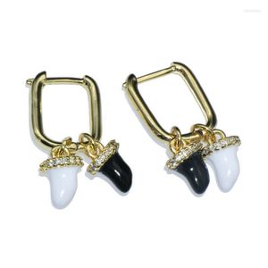 Boucles d'oreilles créoles Anti-décoloration cuivre plaqué or CZ réglage noir blanc émail Clip de dent de chien pour les femmes