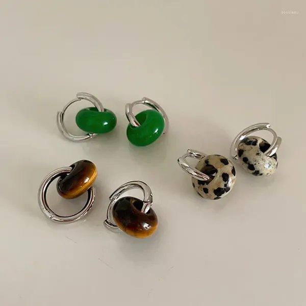 Pendientes de aro AOMU, pendiente grueso de Donut de piedra Natural verde y gris para mujer, cuentas redondas, joyería colgante de Metal de Color plateado para fiesta