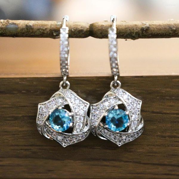 Boucles d'oreilles créoles en pierre bleue Aqua pour femmes, fleur de Rose, couleur argent, Zircon blanc, promesse de fiançailles, longue boucle d'oreille, bijoux cadeaux