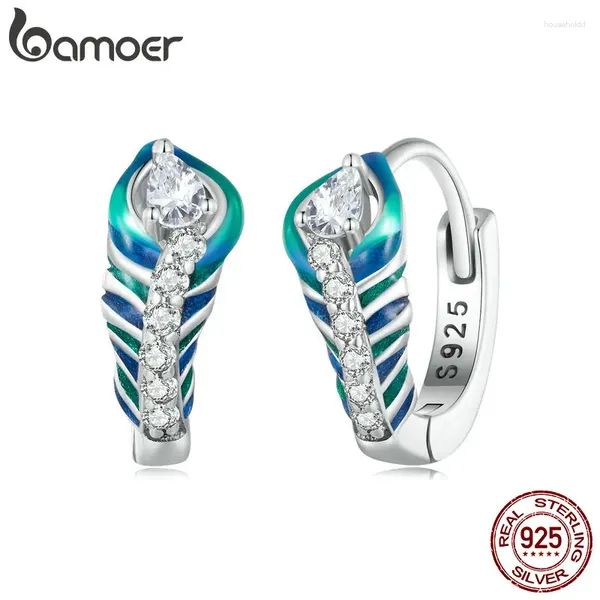 Pendientes de aro Bamoer de Plata de Ley 925 con esmalte azul, hebillas para las orejas de plumas de pavo real, circonita de lujo para mujer, regalo de joyería fina para fiesta