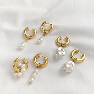 Boucles d'oreilles cerceaux Baroque Pearls Shape Pendentif Drop pour femmes plaquées d'or en acier inoxydable cercle rond Huggies Boucle d'oreille Bijoux de mode