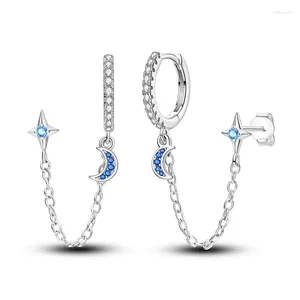 Boucles d'oreilles créoles en argent Sterling 925, magnifique pompon de lune étoilée bleue, Double couche, accessoires de bijoux de mariage pour femmes