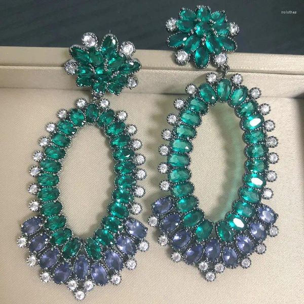 Boucles D'oreilles Créoles Bilincolor Vert Et Violet Zircon Cubique Fleur Ovale Grand Vintage Pendantes