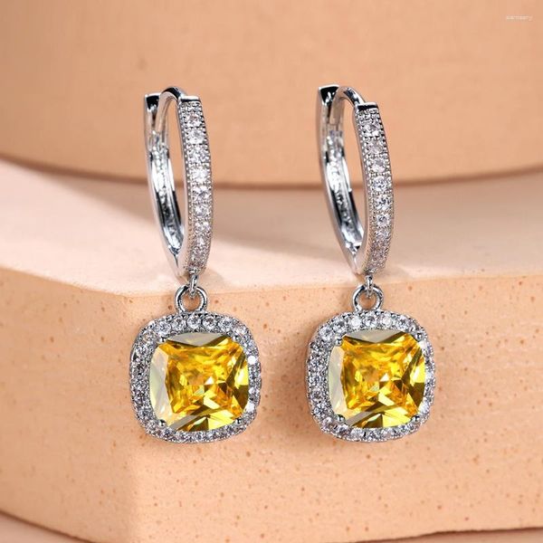 Pendientes de aro azul amarillo rojo negro verde piedra cuadrada para mujer joyería de boda Color plata cristal arcoíris